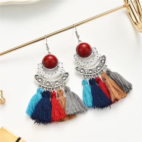 Vintage Summer Bohemian Colorful Tassel Jhumka Earrings For Women Ethnic Stone Beads Alloy Indian Earrings Oorbellen