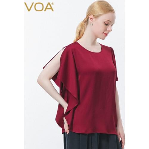 VOA Silk Red Round Neck Asymmetric Short Sleeve Three-dimensional Loose-leaf Elegant Simple Loose Mature Woman T-shirt BE672