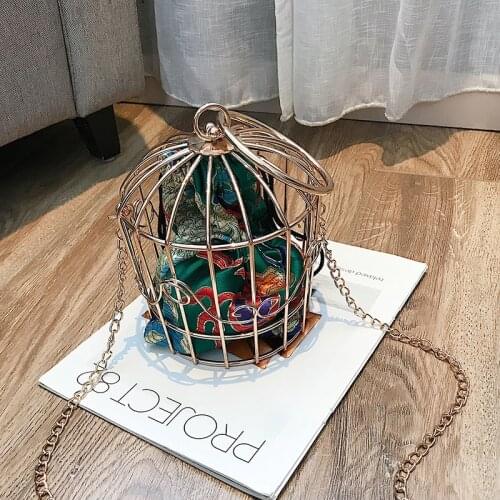 Advanced Embroidery Womens Birdcage Evening Bag Clutch Metal Frame Bucket Bird Cage Shoulder Bag Purse Women Gold Handbag