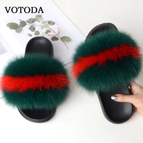 Women Fur Slippers Fluffy Real Fox Fur Slides Flat Furry Sandals Soft Plush Shoes Indoor Slippers Ladies Cute Fuzzy Fur Slides