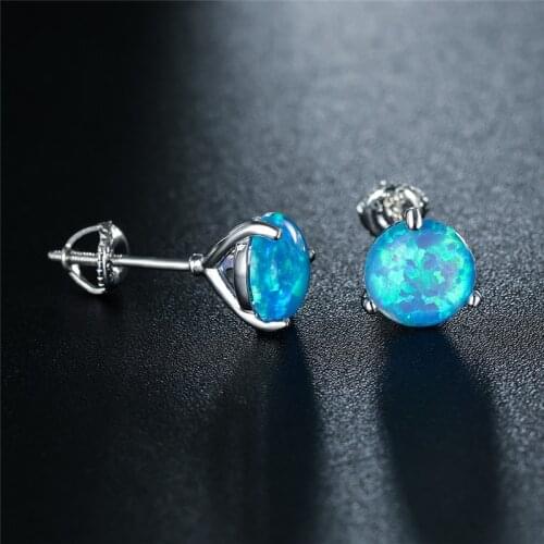 Female Cute Blue Opal Stud Earrings 6/7/8mm Round Stone Small Earrings Geometric Silver Color Wedding Earrings For Women Jewelry
