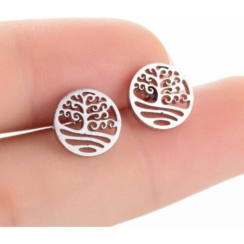 Jisensp Vintage Hollow Life Tree Stud Earrings for Women Ethnic Unique Water Tree Stainless Steel Earrings Jewelry Party Gift