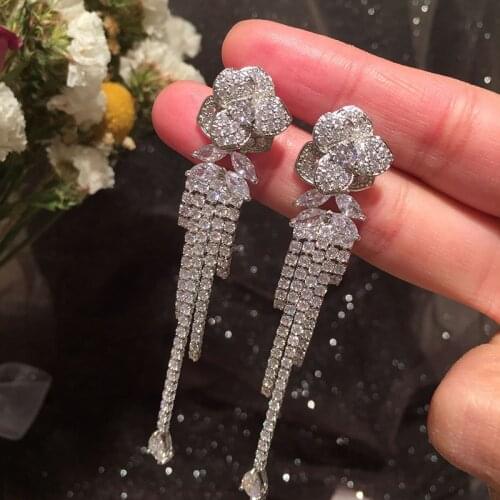 New Silver Color Flower Earrings Sweet Temperament Long Tassel Water Drop Jewelry Fashion For Women Vintage Korean Geometric