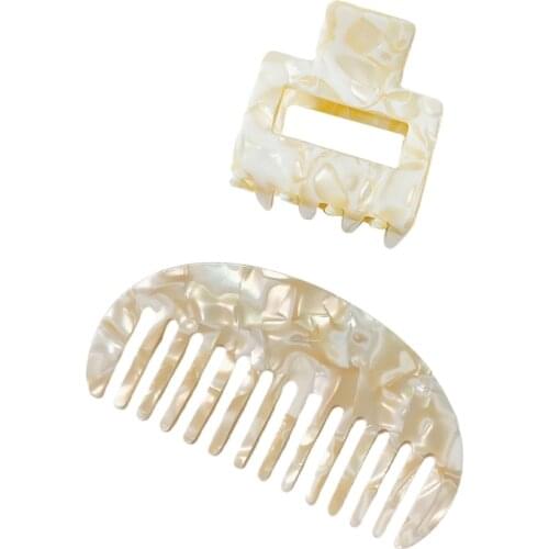 Women 2pcs Sweet Cellulose Acetate Hair Claw Clip with Head Comb Set Leopard Marble Stone Geometric Hairpin Barrette