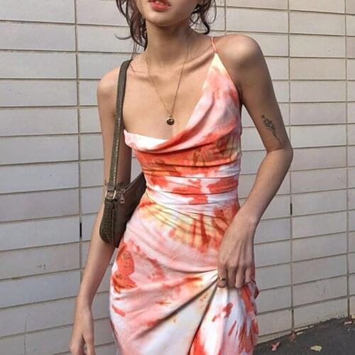 Women Tie Dye Print Orange Fashion Sexy Backless Lace Up Midi Dresses Sleeveless Club Party Holiday Spaghetti Strap Sundress