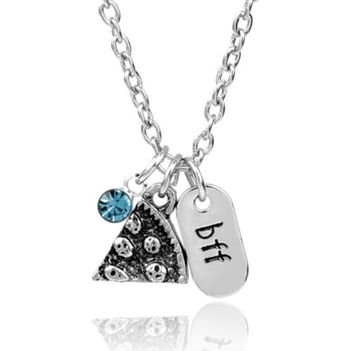 1 Piece Bff Necklace Letter Engraved Charms Best Friends Blue Lucky Beads Crystal Pizza Slice Pendant Family Friendship Jewelry