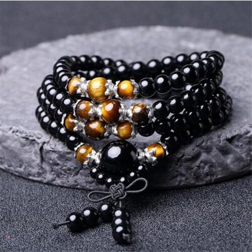 108 Beads Obsidian Beaded Prayer Mala Rosary Bracelet Men Buddhist Buddha Meditation Tiger Eye Stone And Wood Bracelet For Women