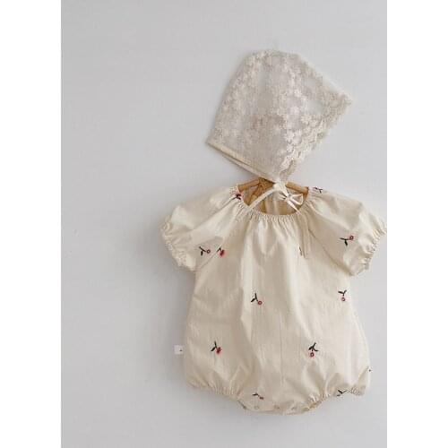 2020 Summer Baby Girls Clothing Korean Style Baby Jumpsuits Girls Clothes Cherry Emobroidery Baby Bodysuits Cute Lace Hat Infant