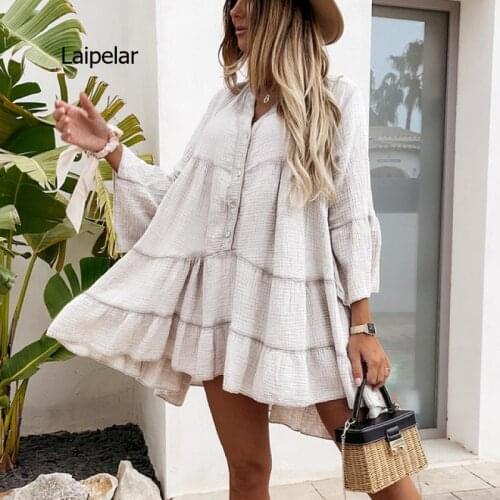 2021 Women Sexy V Neck Button Mini Dress Fashion Elegant Long Sleeve Party Dress Casual Spring Summer Solid Lady Ruffle Dresses