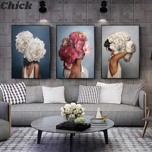 Flowers Feathers Woman Abstract Canvas Painting Wall Art Print Poster Picture Decorative Painting Living Room Home Decoration