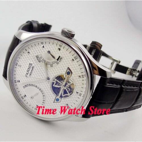 Parnis new 43mm ST2505 automatic mens watch power reserve display White dial deployant clasp 413A
