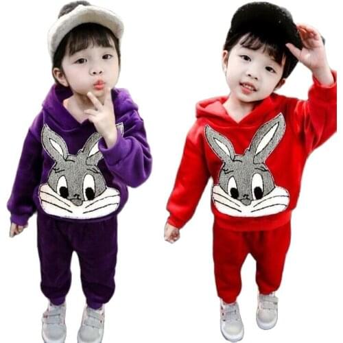 Winter Girls Clothing Sets Kids Gold Velvet Baby Girl Cartoon Rabbit Hooded Coats Pants 2Pc Suit Children Sportswear Clothes Set