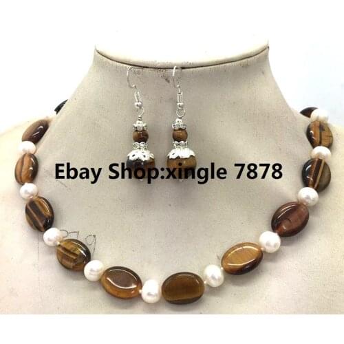 Natural Tigers Eye Oval Gems & True White Cultured Pearl Necklace Earrings Set