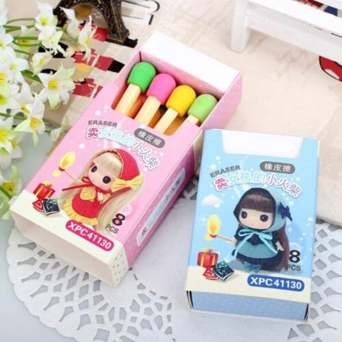 2021 New 8Pcs Creactive Matchstick Eraser Colorful Pencil Rubber School Office Stationery