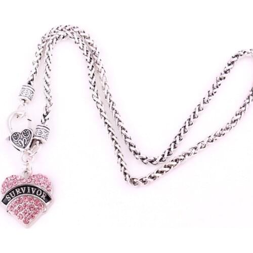 Pendant Necklace For Female Heart Shape Pink Crystal SURVIVOR Written Charm Wheat Link Chain Zinc Alloy Dropshipping