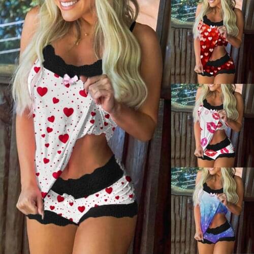 Women Pajama Set Sexy Lace Sleeveless Trim Bowknot Underwear Pyjamas Female Spaghetti Strap Short with Top Sexy Nighties suit