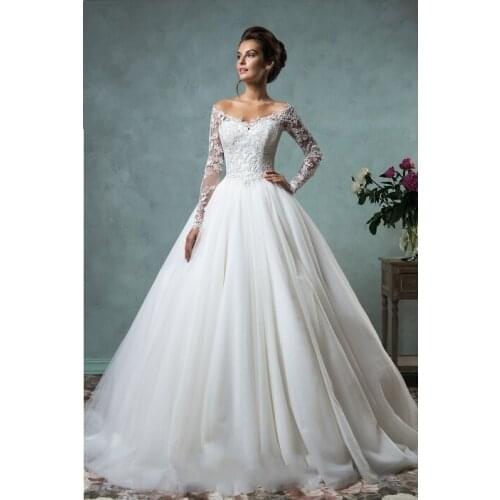 2015 A Line V Neck Long Sleeve Floor Length Chapel Train Lace Appliques Long Wedding Dress 2016 Bridal Gown vestido de noiva W75