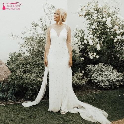 Luxury Pearls Wedding Dresses Long Sleece V-Neck Ivory Mermaid Bridal Gowns Vestido De niovas ZW342