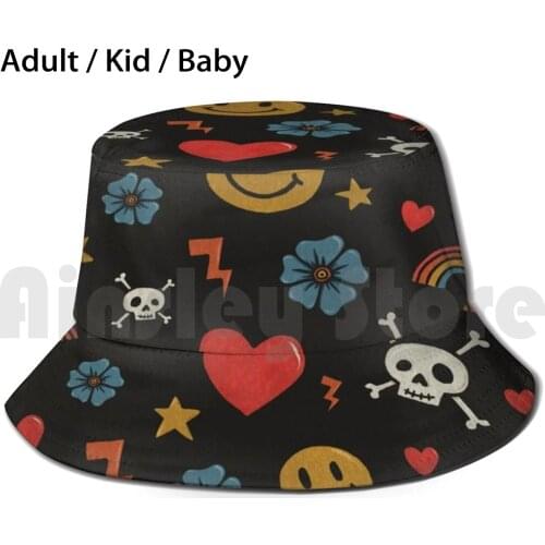 Happy Days Pattern Sun Hat Foldable UV Protection Pattern Design Heart Star Lightning Bolt Rainbow Pride Happy Uplifting