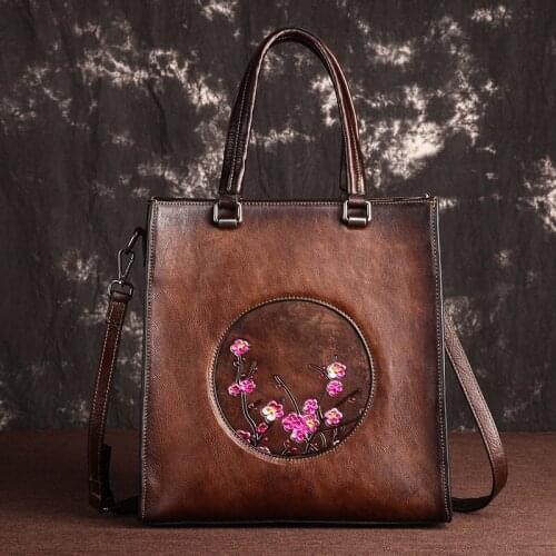First Layer Cowhide Shoulder Bag Female Handbag Floral Embossed High Quality Vintage Style Women Genuine Leather Messenger Bags