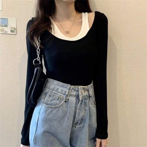 Autumn New Korean Splicing T-shirt Fake Two Off Shoulder Bottomed Shirts With Plush Long Sleeve Shirt Women Tshirt Sleeved Tops