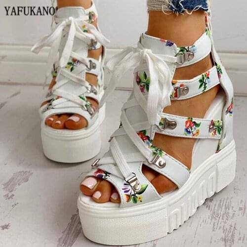Women Sandals 2020 High Heel Casual Ethnic Flower Floral Open Toe wedges Platform Height Increasing Chunky Ladies Party Shoes
