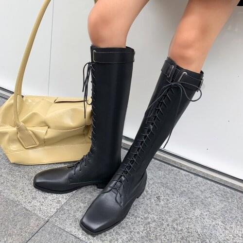 2021 New Arrival Winter Top Quality Genuine Leather Knee High Boots Women Lace Up Zip Boots Woman Shoes