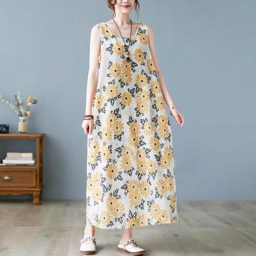Women Summer Cotton Linen Long Dress New 2021 Vintage Style Floral Print Loose Comfortable Female Holiday Casual Dresses B644