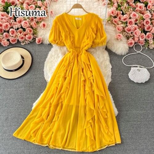 2021 autumn new women V-neck puff sleeve ruffles chiffon A-line dress female Chic elegant waist sweet party dresses