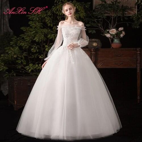 AnXin SH princess ruffles flower white lace wedding dress vintage boat beading crystal long flare sleeve bride wedding dress