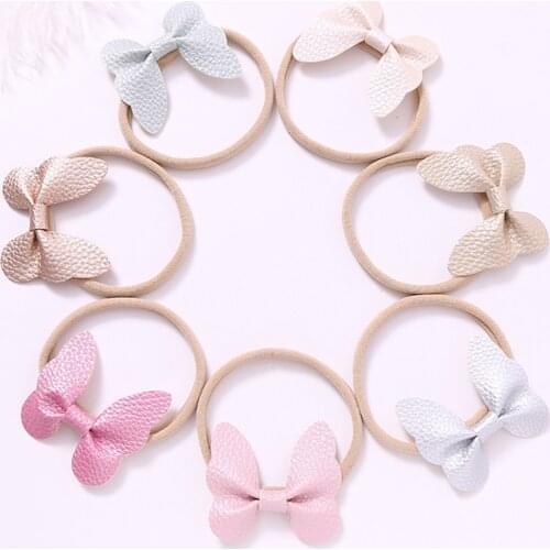 7pcs Baby Girl Artificial Leather Bow Hair bands Butterfly Nylon Headbands Candy Color Headband For Children Hair Accessories