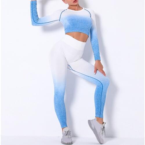 Seamless Yoga Sets Sport Outfits Women Dip Dye Two 2 Piece Long Sleeve Crop Top Leggings Workout Gym Suit Fitness Wear Yoga Sets