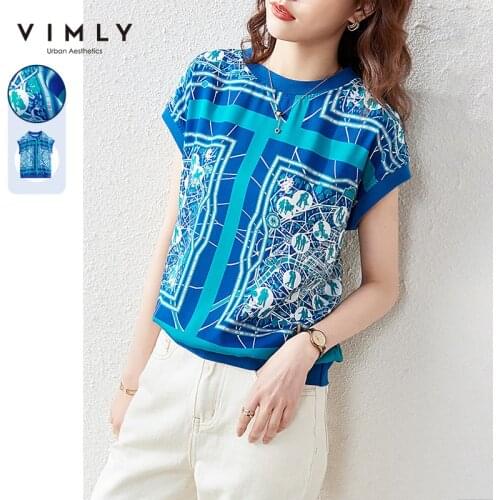 VIMLY Summer Women Blouse Fashion New Chiffon Shirts Round Neck Short Sleeve Blue Tops 2021 Casual Clothes Female Blusas F7315