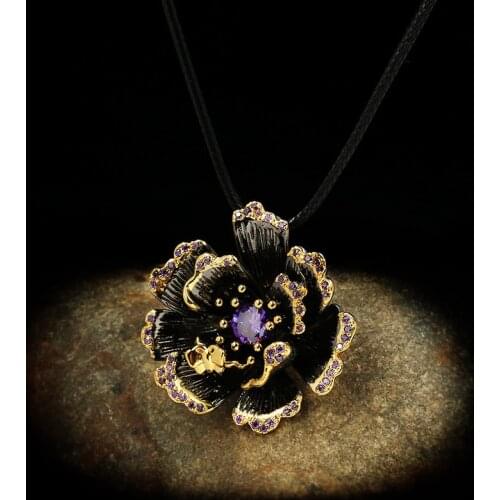 CIZEVA Bohemia Jewelry Exaggerated Vintage Sunflower Pendant Necklace Female Handmade Zircon Black Gold Filled Chokers Necklace