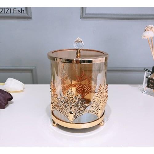 European Leaf Decorative Storage Jar Glass Jars and Lids Golden Candy Pots Organizer Box Jewelry Storage Tank Table Decoration