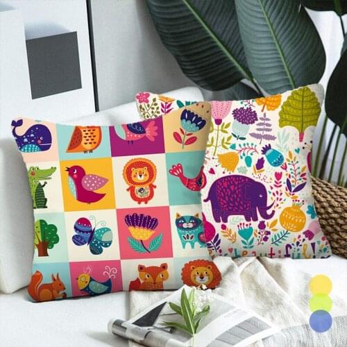 Cartoon Animals Polyester Couch Dining Chair Cushions Cover Bird Flower Fish Lion Cute Throw Decorative Pillows Sofa Case Home