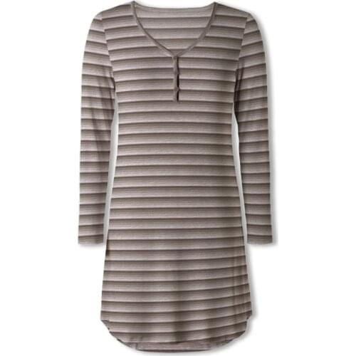 Neatie Kiddie Khaki Stripe Women Night Sleepwear Dress Casual Long Sleeve V-neck Short Nightgowns Female Loose Home Dress Clothe