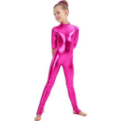 SPEERISE Kids Long Sleeve Metallic Unitards Stirrups Dance Gymnastics Leotards Girls Shiny Dancewear Stage Performance Show Suit