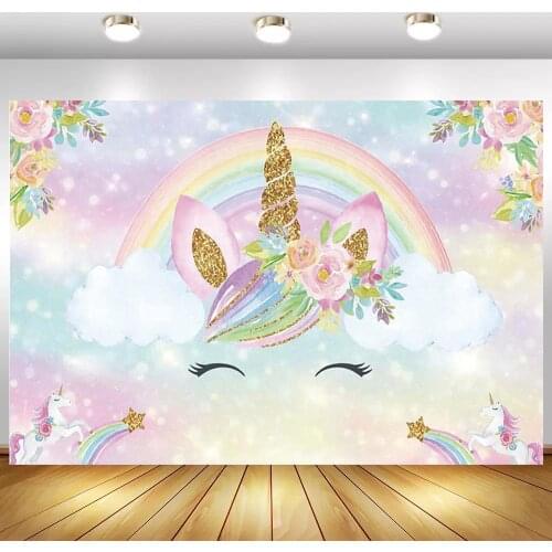 Rainbow Cloud Unicorn Newborn Baby Shower Backdrop Pink Flowers Light Bokeh Glitter Kids Birthday Cake Table Photo Backgrounds
