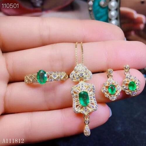 KJJEAXCMY boutique jewels 925 sterling silver inlaid natural emerald pendant necklace ring ear nail set support detection