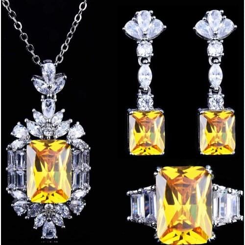 QTT Blue Yellow Zircon 925 Sterling Silver Jewelry Sets for Women Earrings Necklace Pendant Ring Wedding Birthday Gift