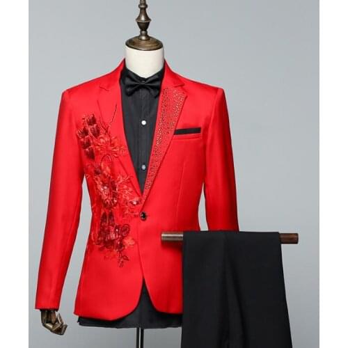 Red stage mariage groom wedding suits for men sequins blazer boys prom suits fashion masculino latest coat pant designs singer