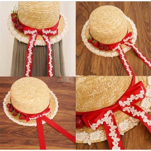 Sweet Mori Girl Summer Straw Hats Women Beach Sun Hat Lolita strawberry Flat Top beach hat B1334