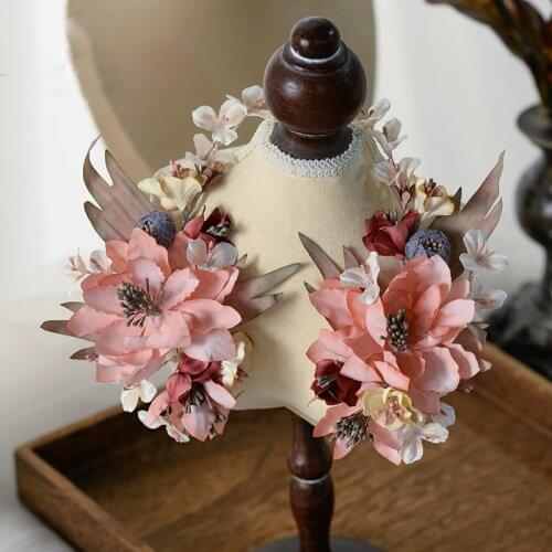 Sweet Pink Flwoer Brides Tiara Headbans with Earring Crystal Handmade Princess Wedding Headbands Bridal Hair Accessory