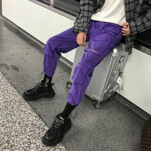 Men Streetwear Harem Pants Purple Sweatpants Korean Cargo Pants 2021 Overalls Mens Baggy Hip Hop Joggers Pants Pockets