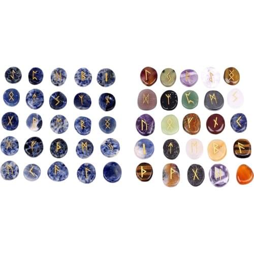 Natural Crystal Rune Stones Tumbled Engraved Lettering Crystal Stone Set Gemstone Beads for Crystals Reiki Chakra Pendants