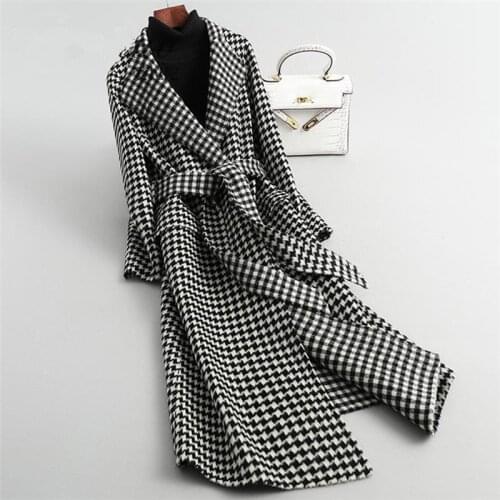 2020 new fashion womens winter thick woolen coat double-breasted houndstooth temperament is thin mid-length coat Wool Belt