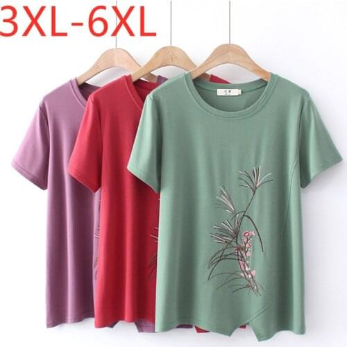 New 2021 Ladies Summer Plus Size Tops For Women Large Short Sleeve Loose Cotton Green Floral Embroidery T-Shirt 3XL 4XL 5XL 6XL