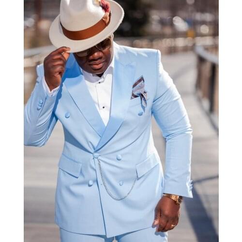 TPSAADE New Fashion Sky Blue Slim Fit Double Breasted Mens Suits Tuxedo Wedding Party West Casual Blazer (Jacket+Trousers+Tie)