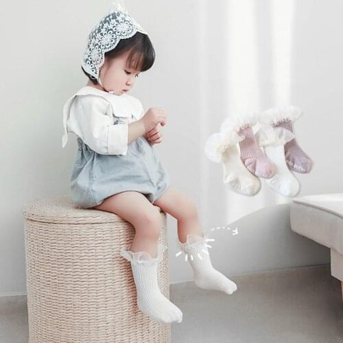 Toddler Infant Baby Girls Knee High Socks with Grips Ruffled Lace Ribbed Knit Solid Color Non-Skid Cotton Long Stockings 0-3Y